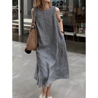 2026 Summer New Vintage Loose Lazy Style Age-Defying Plaid Large Size Sleeveless Vest Dress Casual A-Line Skirt round Neck