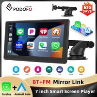 Podofo 7'' Inteligentny Odtwarzacz z Ekranem na Deskę Rozdzielczą Samochodu, Carplay, Android Auto, Bluetooth, EQ, Rejestrator Jazdy, Mirror Link, Transmisja FM, Nawigacja GPS