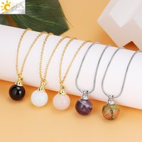 CSJA Natural Stone Perfume Necklace Round Crystal Pendant Reiki Essential Oil Diffuser Bottle Charm Necklaces Men Women H513