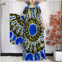 2025 Latest Style Summer Party Dress Tie-dyed Boat Neck Cotton Women Loose Dress Casual Holiday Femme Dresses African Vestidos