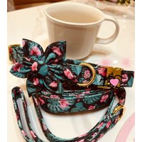 Persoalized Dog Collar 1.5m Leash Set Flower Printed Nylon Dog ID Collars Free Engraved Nameplate For Small Medium Large Dogs