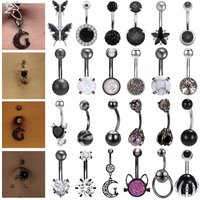 ZS 1PC 14G Stainless Steel Crystal Pendant Belly Button Ring for Women Black Color Butterfly Moon Navel Piercing Ombligo Nombril