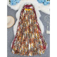 2026 Women's Summer Leopard Print Pleated Skirts Female Beach Holiday Style Elegant Long Skirt