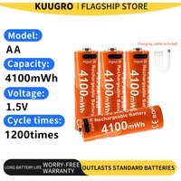 Kuugro Highest Capacity 1.5V 4100mWh AA Rechargeable Battery USB Li-ion Aa Battery for Camera Flash Godox TT520 II TT560 II Etc