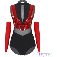 Womens Shiny Sequin Tango Latin Dance Leotard Mock Neck Sleeveless Sheer Mesh Gymnastics Bodysuit for Ballroom Jazz Latin Dance
