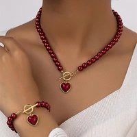 Elegant Simulated-Pearl Heart Necklace Bracelet Jewelry Set for Women Delicate Statement Beads Chain Wedding Party Jewelry Gifts