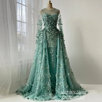 Luxury Evening Dress with Train Customized Sheer O Neck Long Sleeves Beading Sequined Flowers Lace Prom Gown Party Dresses