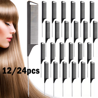 12pcs/24pcs Rat Tail Comb with Stainless Steel Pintail Heat Resistant Carbon Fiber Tooth Hair Styling Hairdressing Comb Tools