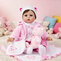 22 Inch Reborn Toddler Girl Doll, Realistic Baby Doll That Looks Real, Lifelike Blue-Eyed Doll with Pink Bear Themed Outfit, Soft Silicone Limbs & Cloth Body, Perfect Gift for Kids & Collectors