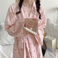 Spring and Summer Women's Morning Robe, Bathrobe, Pink Checkered Loose and Comfortable Long Sleeved Home Sleepwear, Nightgown