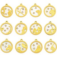 2pcs Stainless Steel Round Inlay Natural Shell Zircon 12 Constellations Charms Pendant for Women Earring Necklace Jewelry Making
