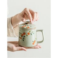 310ml Pure Hand-painted Persimmon Ceramic Teacup Tea Separation Mug with Handle Personal Brewing Water Jug Home Office Drinkware