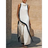 Women's Two-piece Sleeveless Contrasting Color Wide-leg Trousers 2026 Summer Casual Fashion Solid Color Irregular Suit For Women