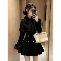 French Elegant Vintage Woolen 2 Piece Set Women Faux Fur Collar Cape + Fit Chic Dress New Winter A-Line Retro Party Outfits 2025