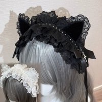 New Handmade Rivet Steampunk Cat Ear Headband Lolita KC Lace Bow Puffy Hair Accessory Gotich Subculture Black & White Headpiece
