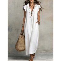 Summer V-Neck Ruffle A-Line Party Dress Elegant Butterfly Sleeve Beach Bohemian Long Dress Loose Pocket Women Casual Maxi Dress