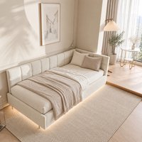 Cadre de lit simple rembourré Anajqaqia 90x200cm — Lit escamotable avec rangement et vérin à gaz, canapé-lit 2-en-1, mobilier de chambre, couleur crème, tissu velours, matelas non inclus