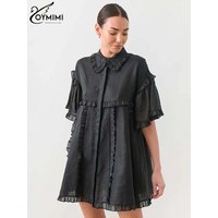 Oymimi Fashion Black Cotton Women's Dress Elegant Ruffled Short Sleeve Loose Dresses Casual New Straight Mini Dresses Streetwear