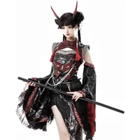 Chinese Dragon Style Red Black Light Lolita Kongfu Sets Summer Girls Long Flying Sleeve Tank Top and Shorts Set Goth Suit
