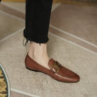 Spring Summer Vintage Metal Buckle Genuine Leather Flat Bottom Slip-On Women's Flats Comfortable round Toe Fashion Loafers
