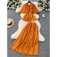 Vintage Pleated Two Piece Sets Women Summer Three-dimensional Flower Straps Short Sleeved Pleated Top+high Waisted Skirt Outfits