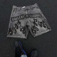 American hip hop ins style cropped trousers washed to make old retro denim shorts rhinestone decoration design spring new style.