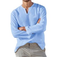 Chemise en coton et lin pour hommes, slip respirant, confortable, couleur unie, manches longues, col en V, chemisier décontracté, chemise hawaïenne, hauts surdimensionnés