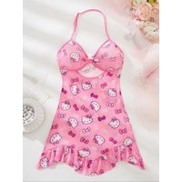 Sanrio Women's Pink Hello Kitty Print Halter Neck Mini Dress Cutout Bodycon Ruffle Hem Nightwear Lingerie for Women