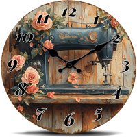 Vintage Sewing Machine with Roses Round Wall Clock - Retro Craft Decorative Timepiece with Floral Elegance