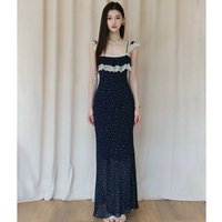 Summer Women Elegant Slim Maxi Dress Lady Feminine Ruffle Trim Square Neck A-Line Navy Blue Dress Female Party Dres