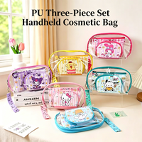 Sanrio 3-Piece Makeup Bag Set, Transparent PU Material, Travel Makeup Bag, Hello Kitty, Cinnamon Dog, with Wrist Strap.