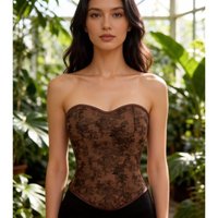 Women Brown Tree Landscape Print Strapless Corset Top Sweetheart Neck Vintage Waist Cincher Bustier