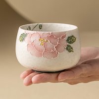 Chinese Handmade Tea Cup Peony Flower Carved Porcelain Kung Fu Tea Personal Use Ceremony Office Christmas Gift