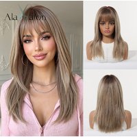 ALAN EATON 16 Inch Medium Length Brown Synthetic Wigs With Bangs For Women Ombre Brown Straight Hair Wigs Daily Wear Fake Hair