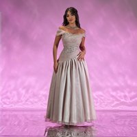 Customized Beige Off the Shoulder Tulle A-line Evening Dress Draped Crystal Party Dress Pleat Sleeveless Floor Length Prom Gown