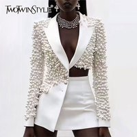 TWOTWINSTYLE Spliced Pearls Two Piece Set for Women Lapel Long Sleeve Irregular Top High Waist Mini Skirt Office Suit Female New