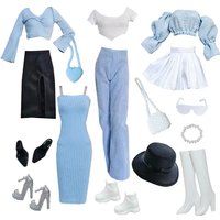 Gentle Blue White Series Dress Bubble Sleeves Top+pleated Skirt Shoes+Handbag Set For 1/6 FR Babi Supermodel Doll Clothes Parts