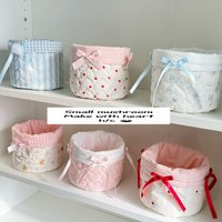 New Cute Ins Style Quilted Storage Basket round Shape with Knot Design Cotton Fabric Bedroom Organizer Box