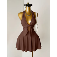 Women Halter Deep V Front Tie Cut Out Skater Mini Dress 2026 Summer Y2K Solid Brown Sleeveless Beach Party Club Short Dress