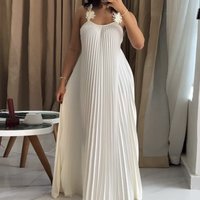 Women Elegant Pleated Dress 3D Flower Decor Spaghetti Straps Crisscross Open Back Loose Flowy Dress For Wedding & Beach Vacation