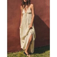 Summer 2026 New Fashion Women's Long Silk Satin Feel Pleated Dress V-neck Mid-length Evening Gown for Daily Wear