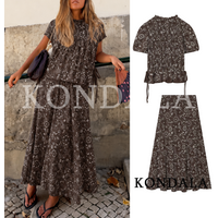 KONDALA Women Vintage Elegant Embroidery Skirt Set 2026 Vacation Boho Set Summer Chic Lace-up Short Sleeve Top,A-Line Midi Skirt