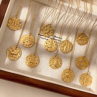 CARLIDANA 12 Zodiac Sign Round Coin Pendant Necklace Jewelry Gold Plated Stainless Steel Embossed Zodiac with Zircon Necklaces