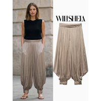 Willshela Women Fashion Khaki Side Zipper Pleated Loose Bloomers Pants Vintage High Waist Full Length Female Chic Lady Trousers