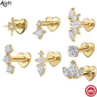 Aide 925 Sterling Silver Heart Flat Push-Back Zircon Pendiente Piercing Stud Earrings For Women K Gold Simple Elegant Jewelry