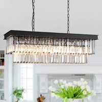 Modern Black Crystal Chandelier, Rectangular Dimmable Chain K9 Crystal Chandelier, for Kitchen Island/Dining Room