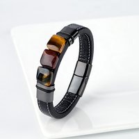 New Multi Color 3 Square Natural Old Tiger Eye Vintage Jewelry Charm Wide Leather Rope Men's Stainless Steel Bracelet Jewelry
