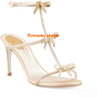 Handmade rhinestones high heels Women's sandals round head Leaky toe Bow decorate Roman sandals 2025Women's luxury high heels