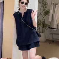 Women Stylish Navy Blue Two-Piece Set Sleeveless Blouse Shorts For Summer