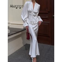 Dot Print Women 2 Piece Set Suits (Top+Skirt) Sexy Club V Neck Long Sleeves Sheath Female Fashion Slim Holiday Casual FitS